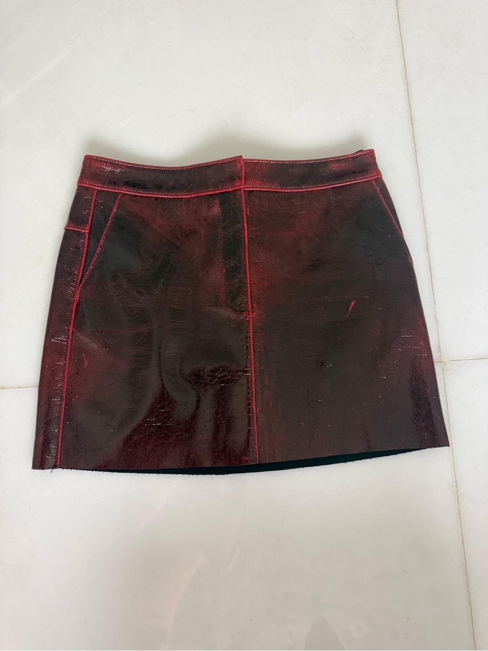 Tibi Women's Black & Red Patent Coated Wool Blend Miniskirt